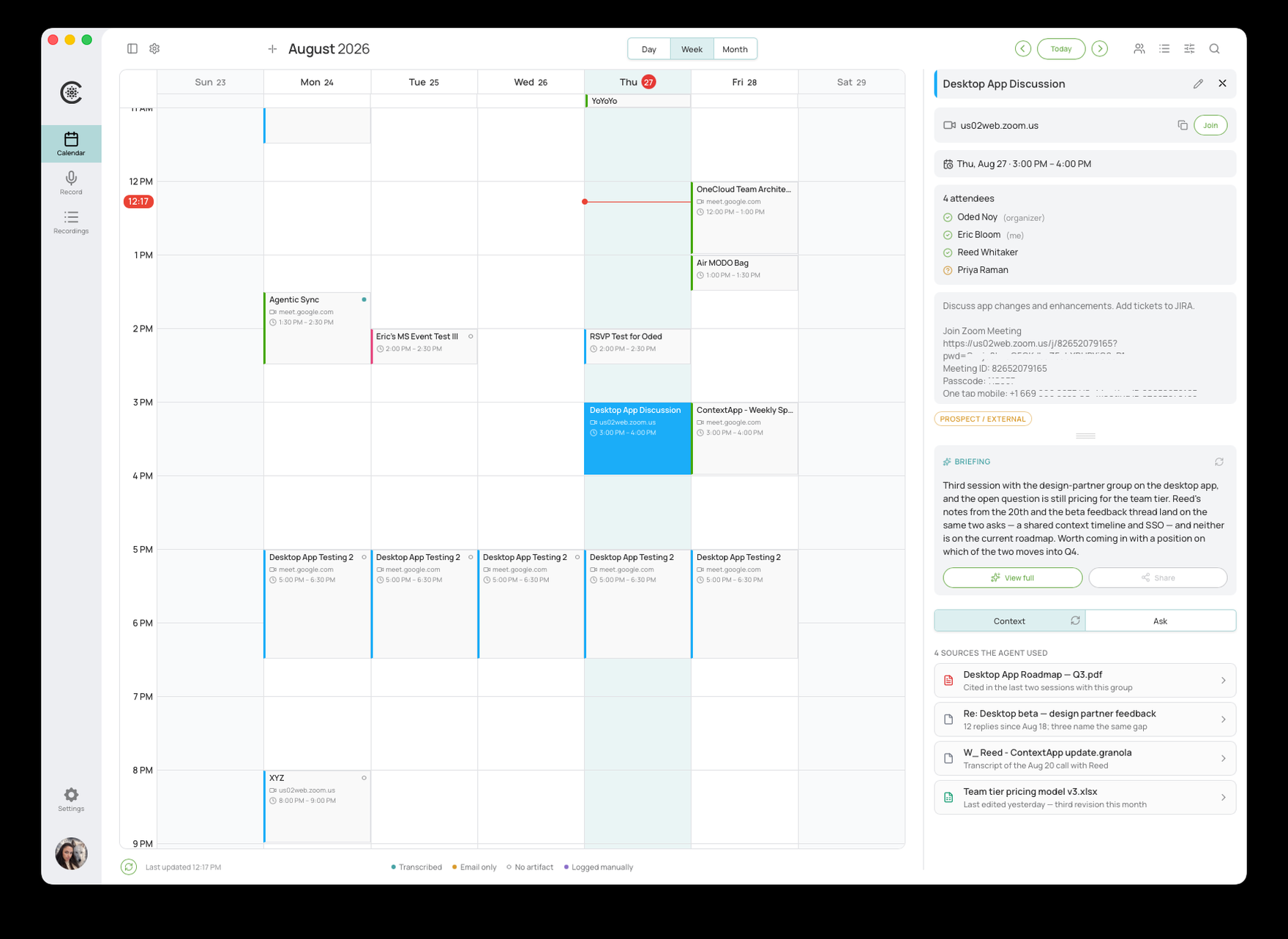 ContextApp calendar with a meeting brief, its sources, and an ask panel open beside the event